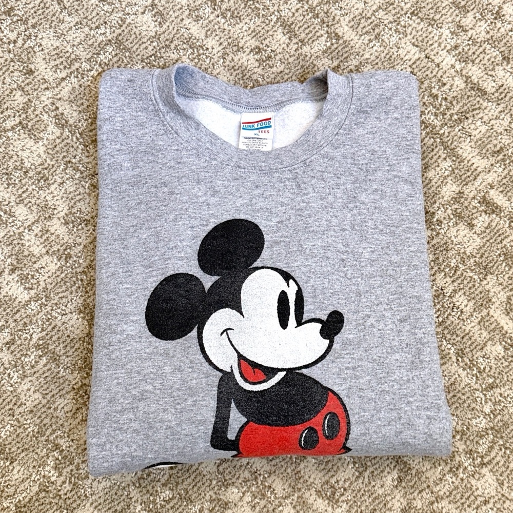 Junk Food Clothing x Disney Mickey Flea Market Fleece Heather Grey Sweatshirt—XL - Picture 9 of 10